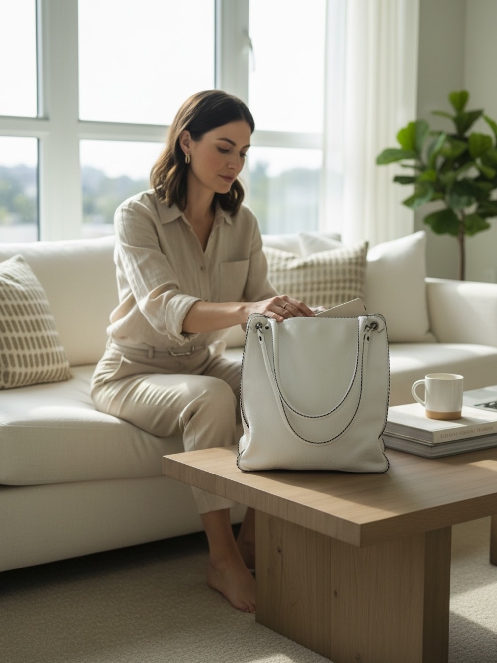 Plinio Visona White Leather Tote with Chain Detail